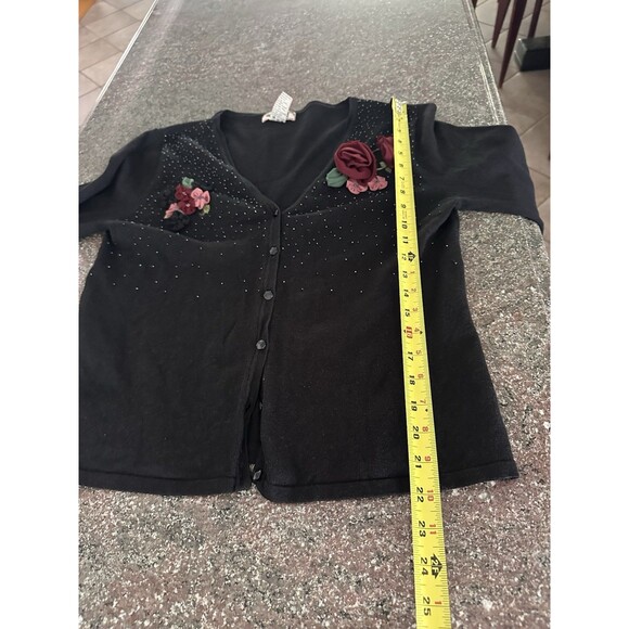 Vintage Tiara International Embroidered Cardigan Black Floral Sweater Womens M - Picture 11 of 13